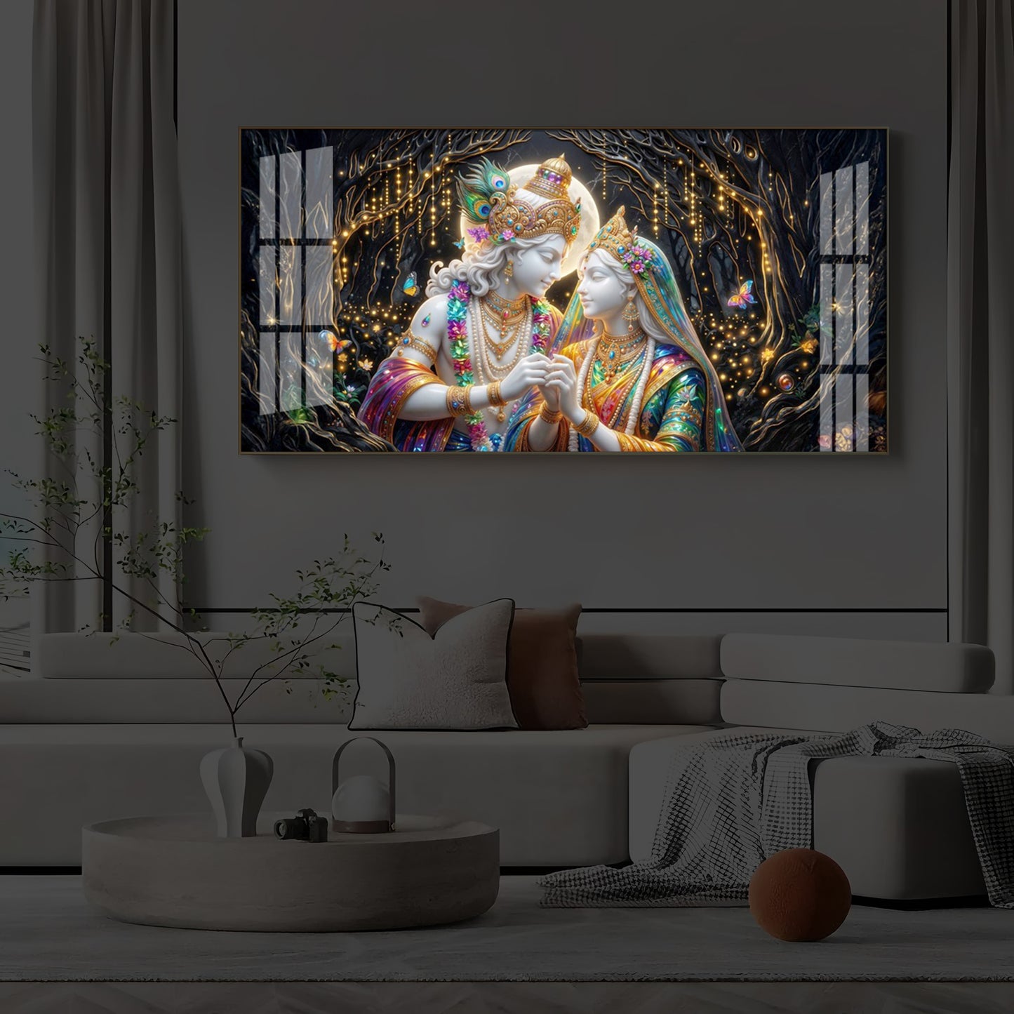 Spiritual Moonlight Radha Krishna Modern Luxury Backlight Horizontal Wall Art