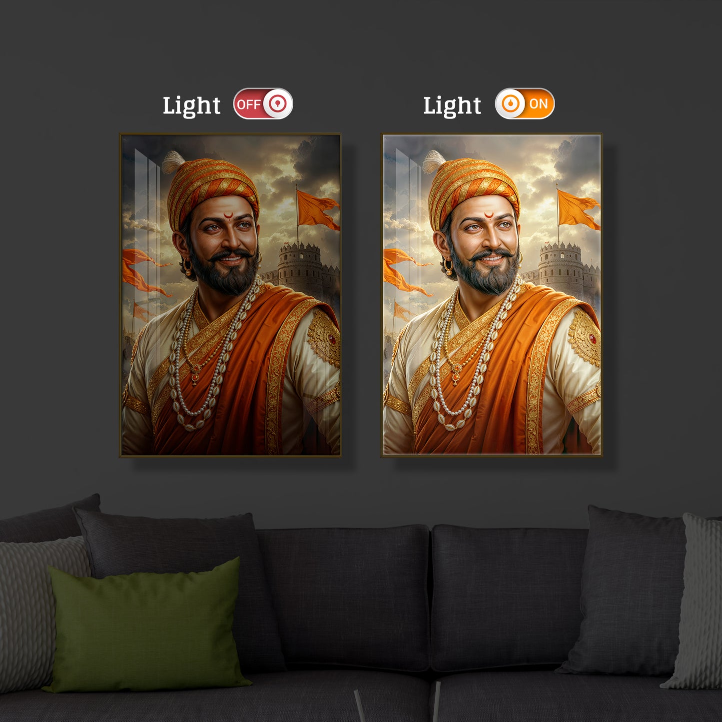 King Of Maratha Chhatrapati Shivaji Maharaj Modern Luxury Backlight Vertical Wall Art