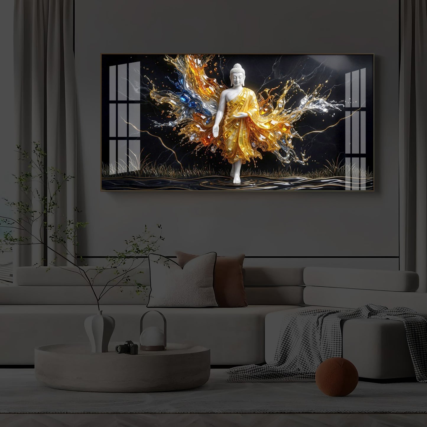 Embedded Buddha Modern Luxury Backlight Horizontal Wall Art