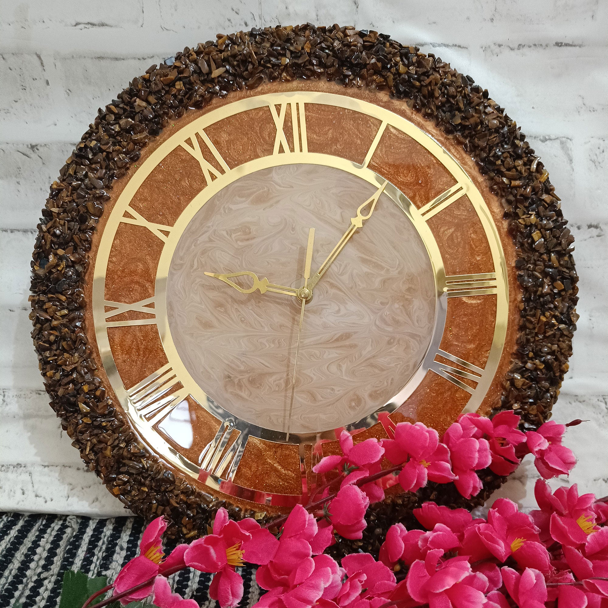 Ultimate Brown and Gold With Tiger Eye Chips Stone Epoxy Resin Wall Clock