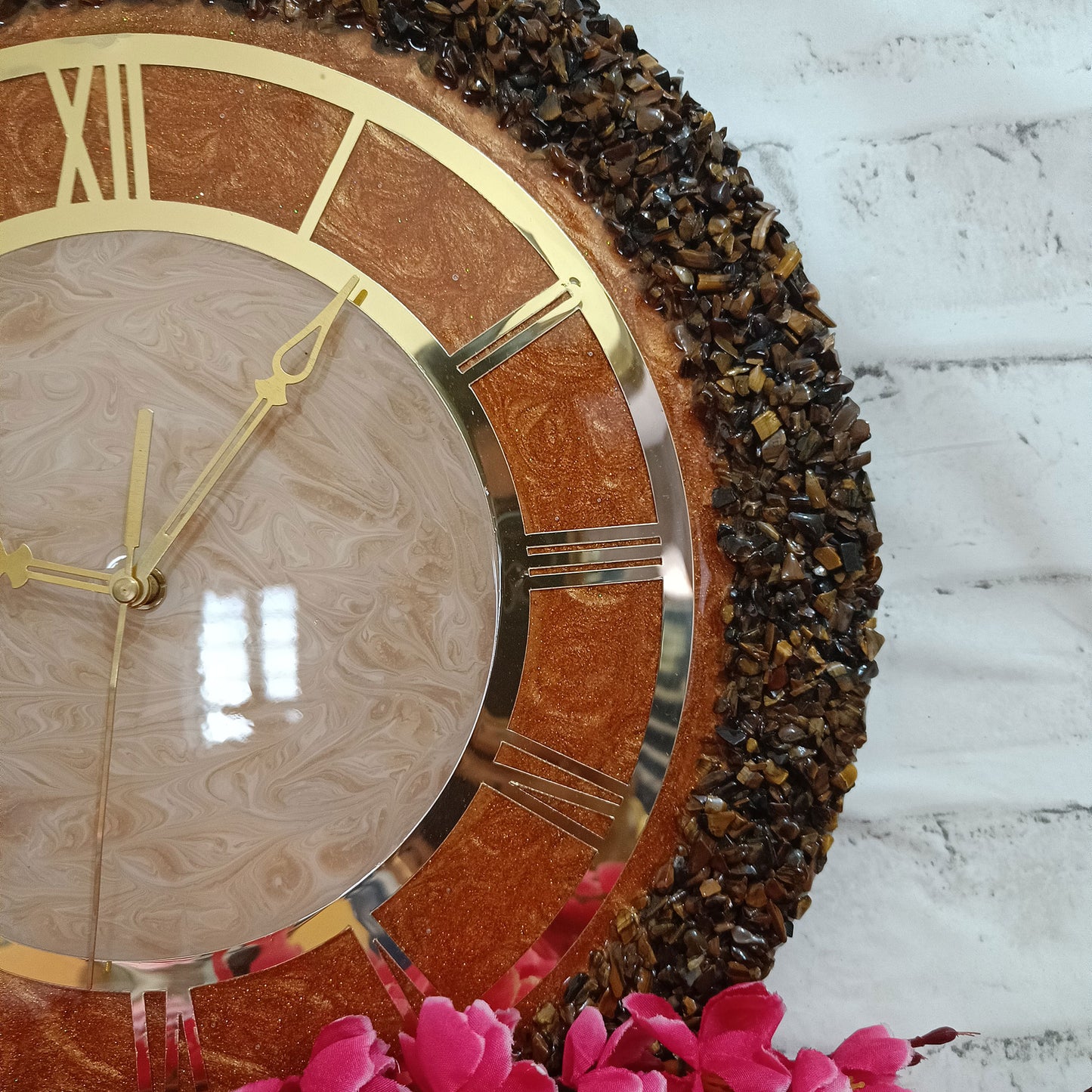 Ultimate Brown and Gold With Tiger Eye Chips Stone Epoxy Resin Wall Clock