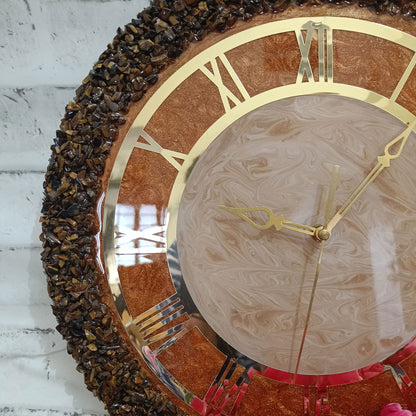 Ultimate Brown and Gold With Tiger Eye Chips Stone Epoxy Resin Wall Clock