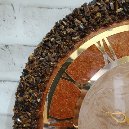 Ultimate Brown and Gold With Tiger Eye Chips Stone Epoxy Resin Wall Clock