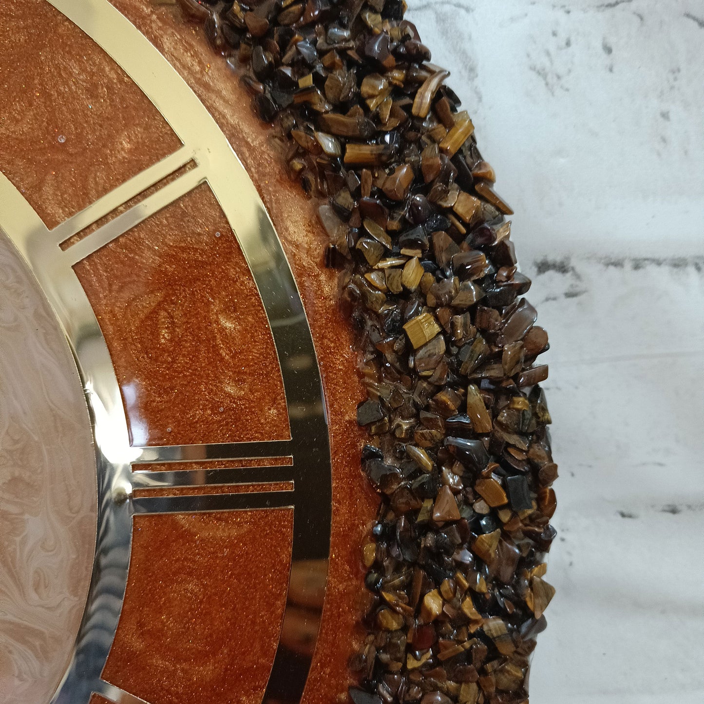 Ultimate Brown and Gold With Tiger Eye Chips Stone Epoxy Resin Wall Clock