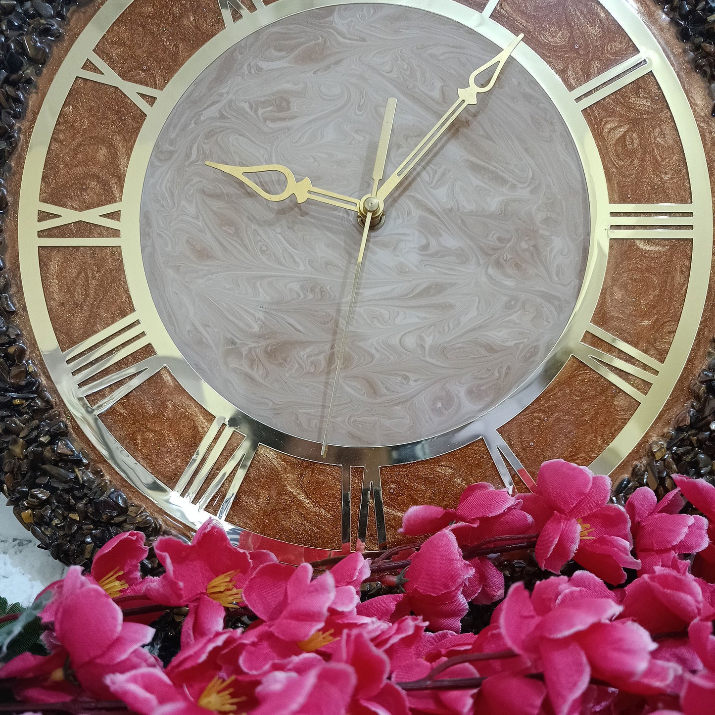 Ultimate Brown and Gold With Tiger Eye Chips Stone Epoxy Resin Wall Clock