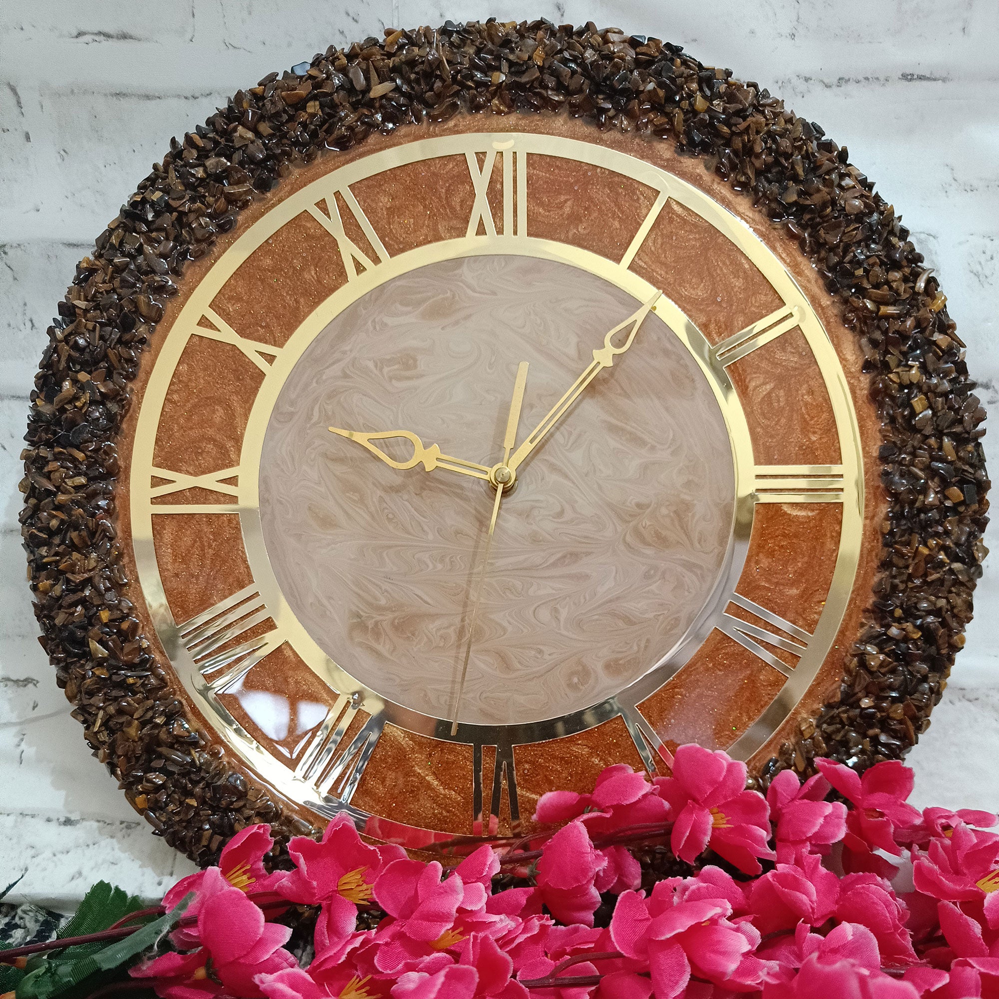 Ultimate Brown and Gold With Tiger Eye Chips Stone Epoxy Resin Wall Clock