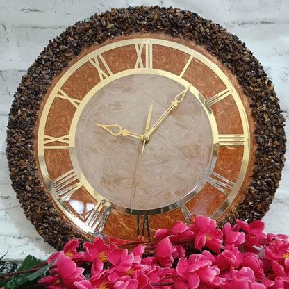 Ultimate Brown and Gold With Tiger Eye Chips Stone Epoxy Resin Wall Clock