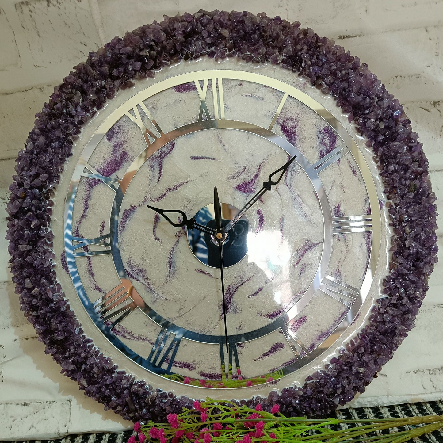 Ultimate Purple and White With Amethyst Agate Stone Epoxy Resin Wall Clock