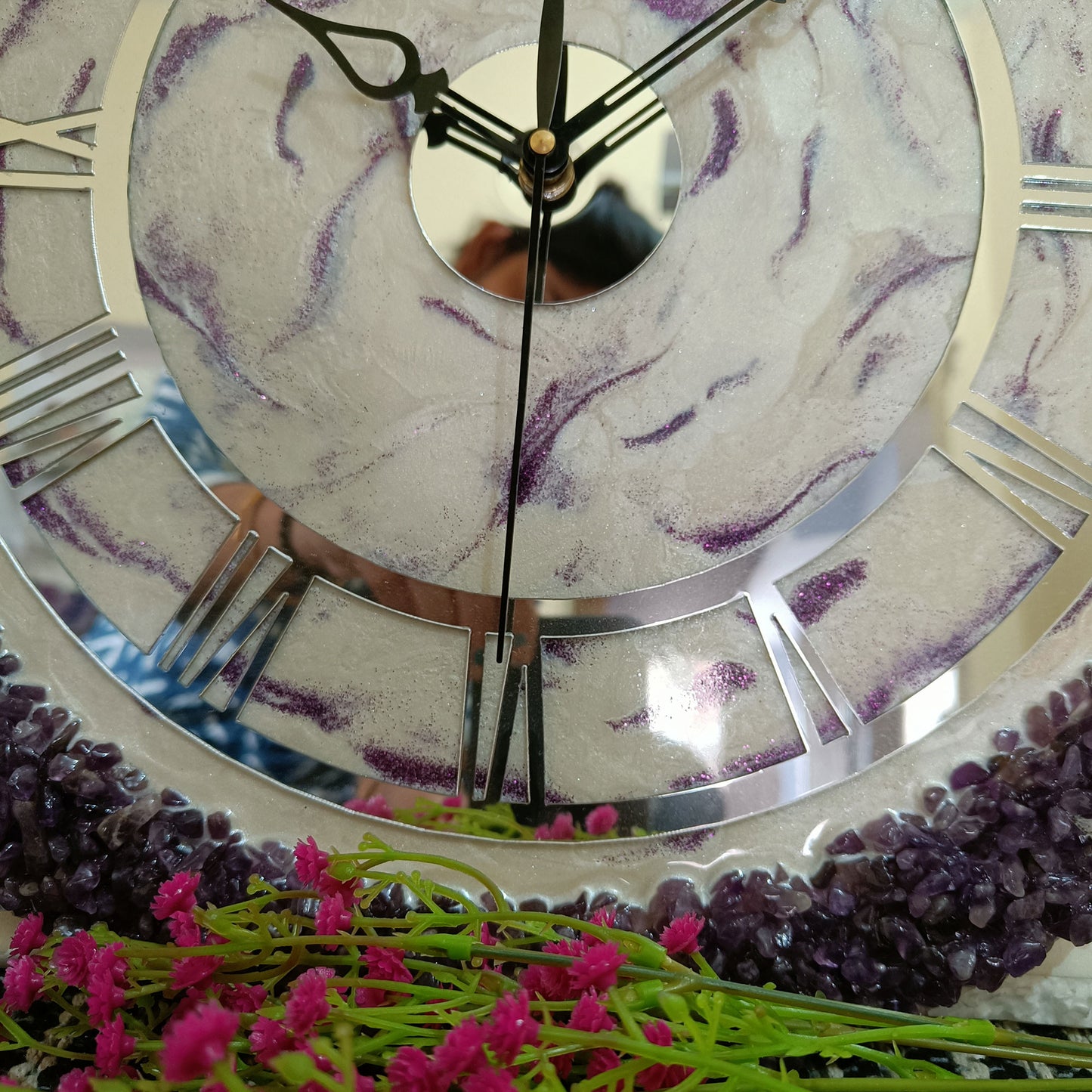 Ultimate Purple and White With Amethyst Agate Stone Epoxy Resin Wall Clock