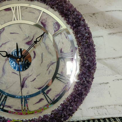 Ultimate Purple and White With Amethyst Agate Stone Epoxy Resin Wall Clock