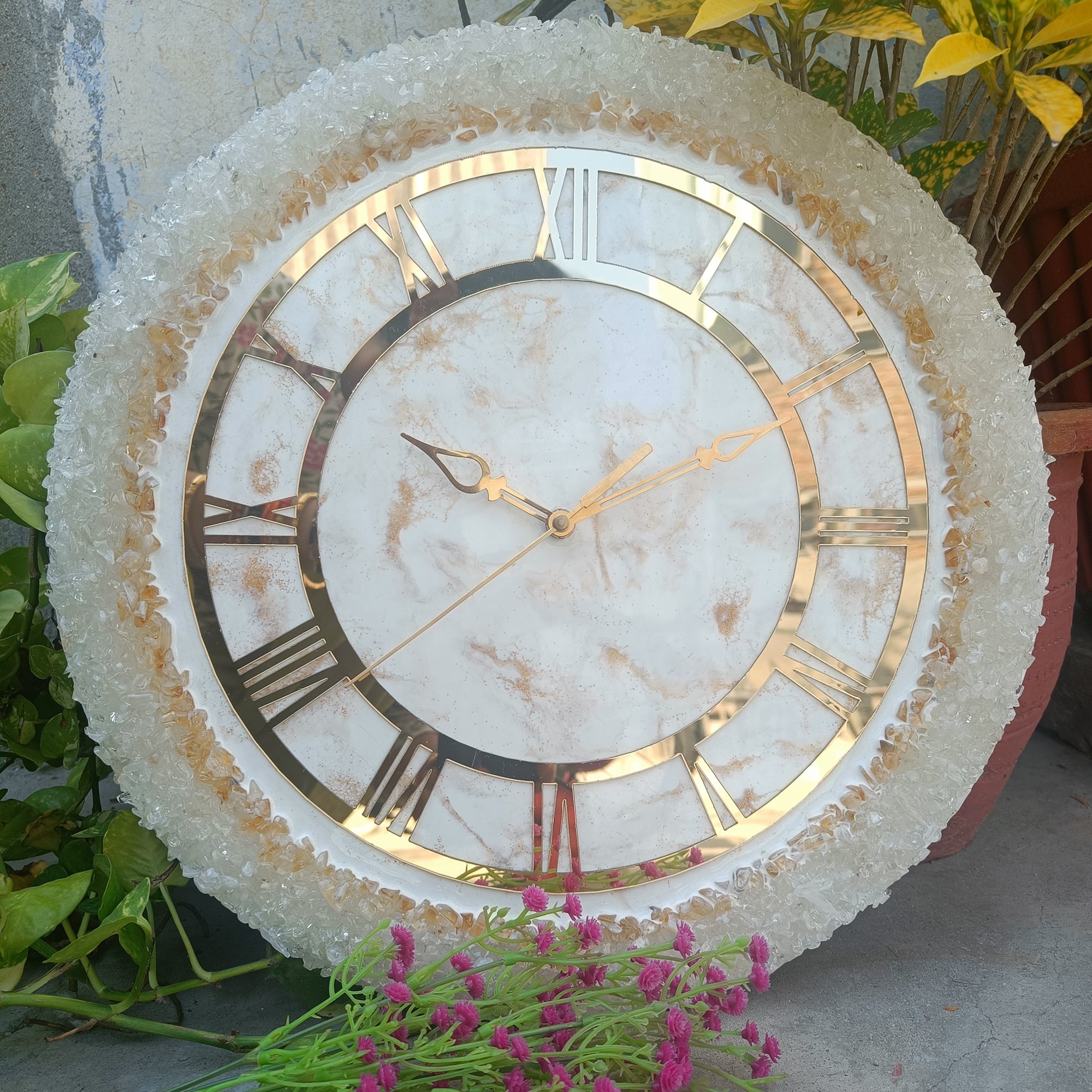 Ultimate White Stone With Gold Color Epoxy Resin Wall Clock