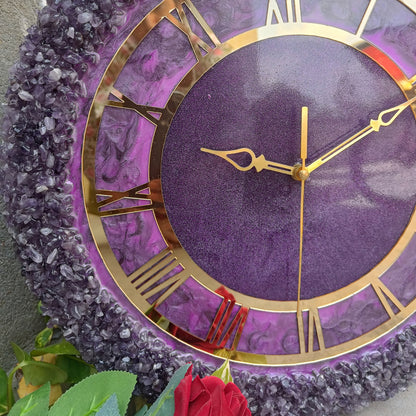 Ultimate Purple With Amethyst Agate Stone Epoxy Resin Wall Clock