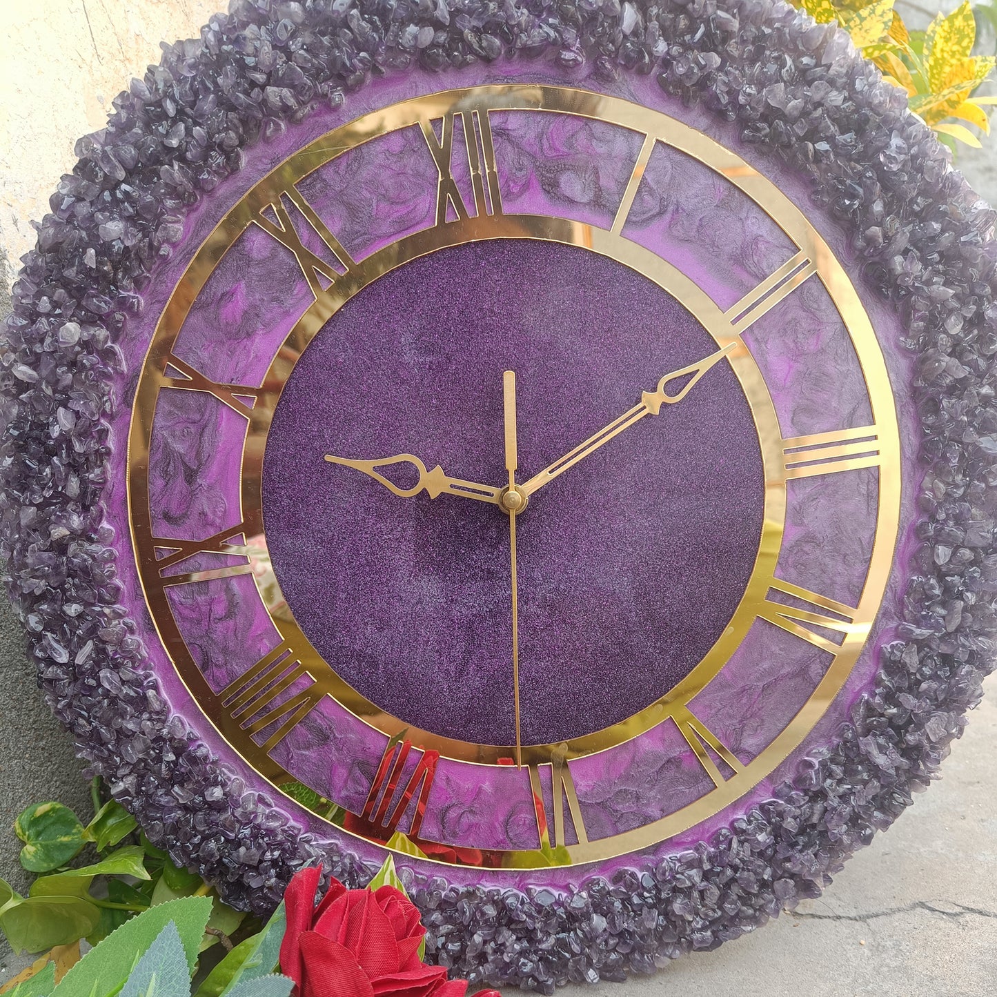 Ultimate Purple With Amethyst Agate Stone Epoxy Resin Wall Clock