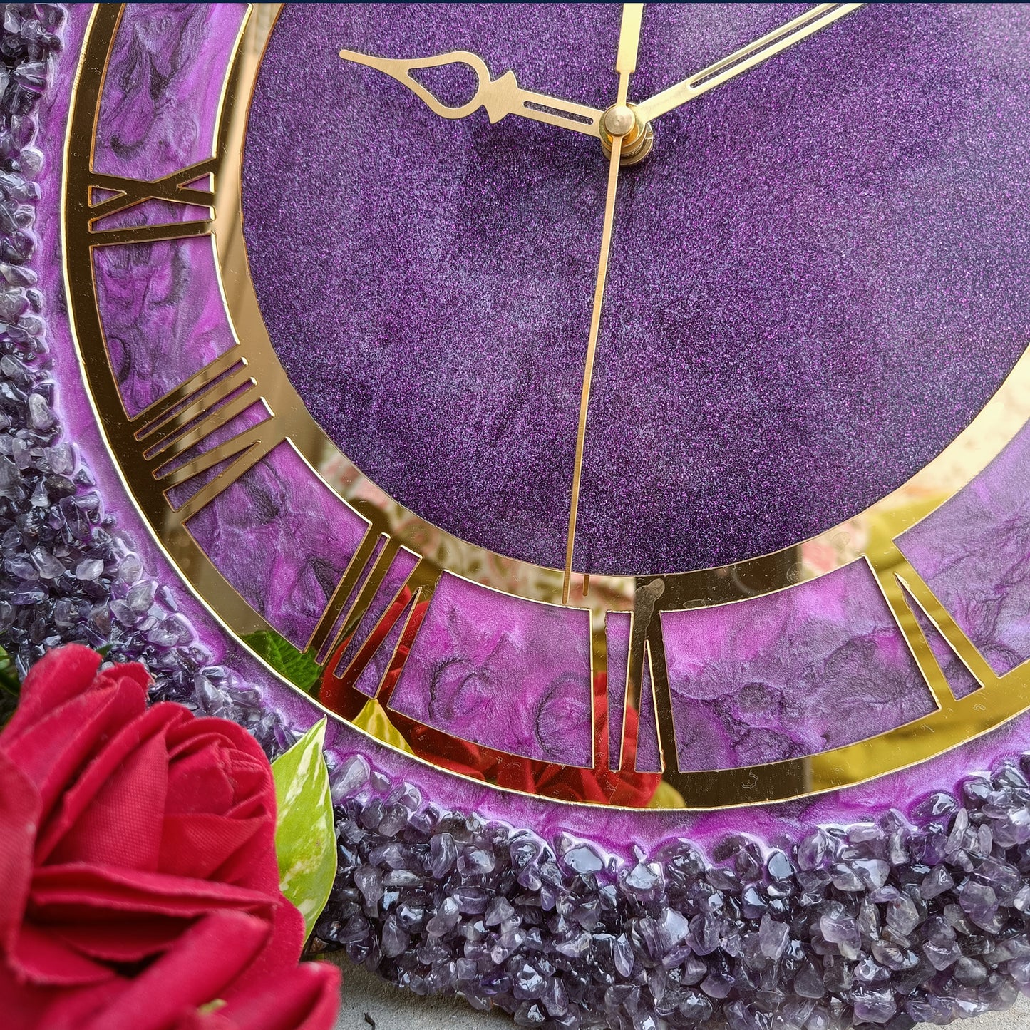 Ultimate Purple With Amethyst Agate Stone Epoxy Resin Wall Clock