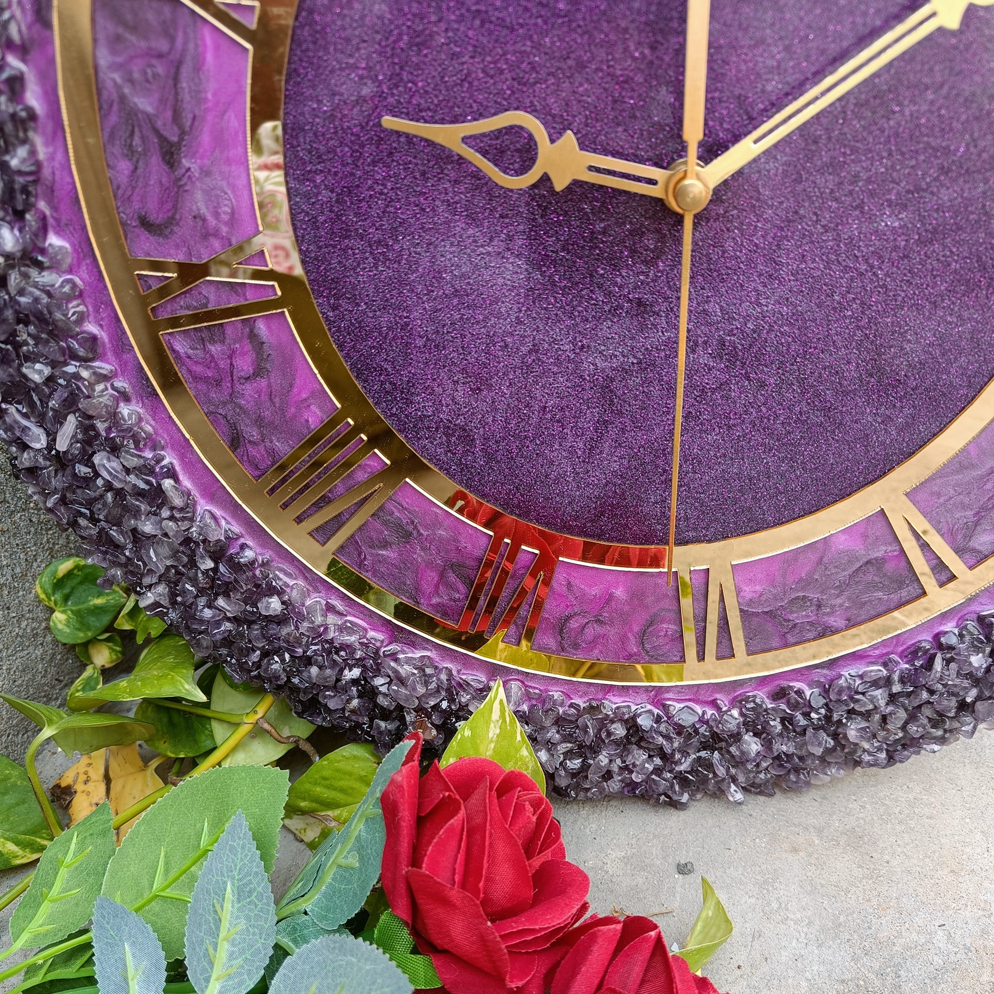 Ultimate Purple With Amethyst Agate Stone Epoxy Resin Wall Clock