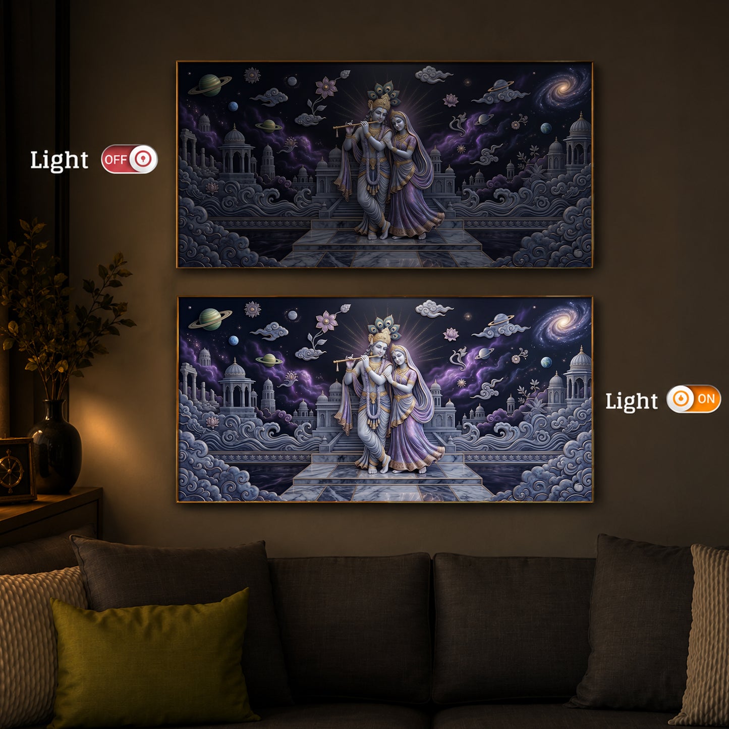 Hindu Deities Shri Radha Krishna Modern Luxury Backlight Horizontal Wall Art
