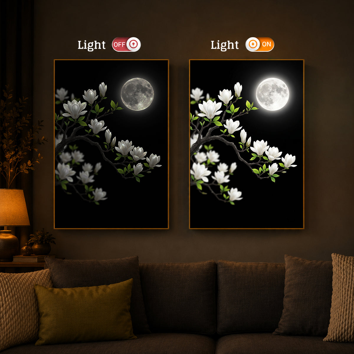 Moonlit White Magnolia Modern Luxury Backlight Vertical Wall Art