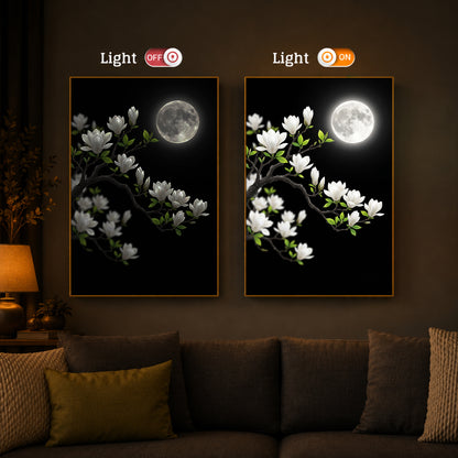 Moonlit White Magnolia Modern Luxury Backlight Vertical Wall Art