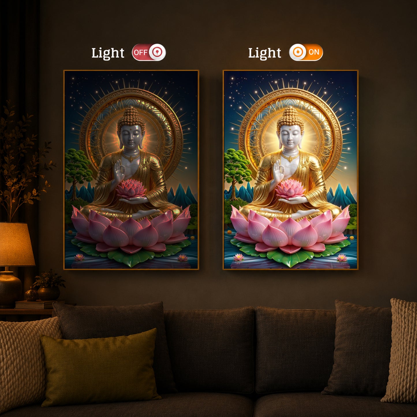 Lord Gautama Buddha Modern Luxury Backlight Vertical Wall Art