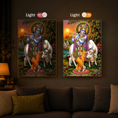 Lord Krishna Playing The Flute Modern Luxury Backlight Vertical Wall Art