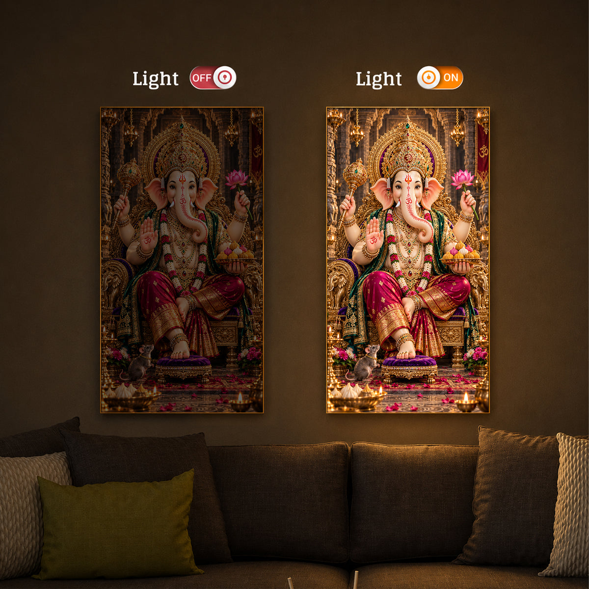 Ganapati Bappa Golden Throne Modern Luxury Backlight Vertical Wall Art
