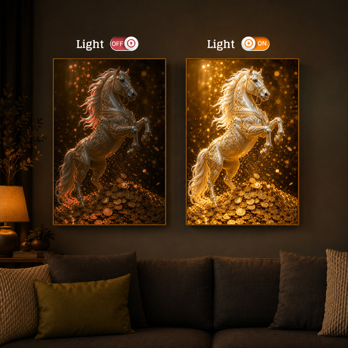Majestic Golden Horse Modern Luxury Backlight Vertical Wall Art