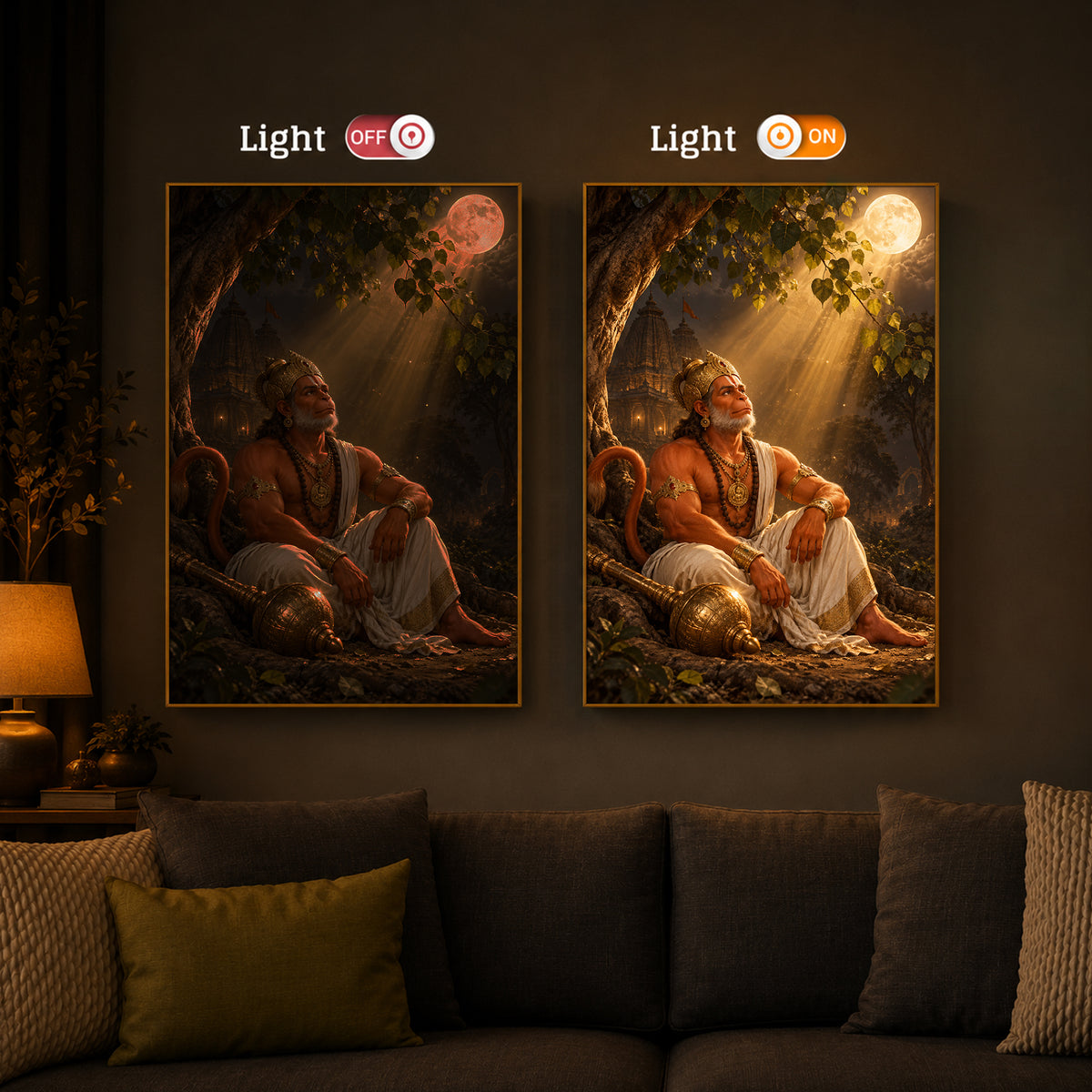 Hanuman Ji Under Tree Modern Luxury Backlight Vertical Wall Art