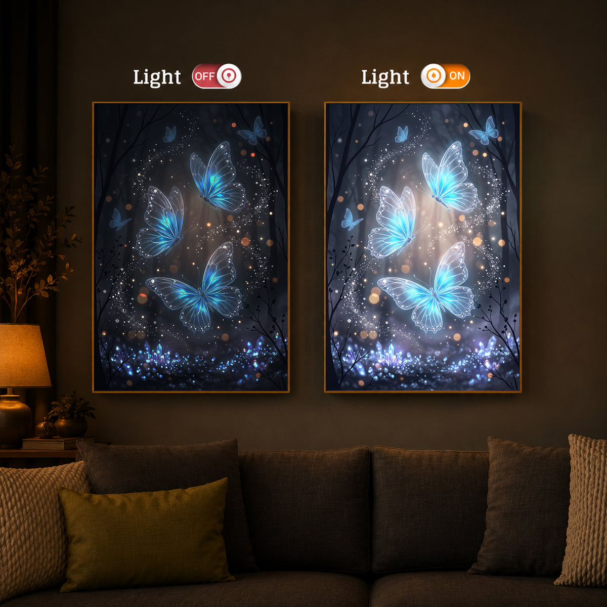 Luminous Crystal Blue Butterflies Modern Luxury Backlight Vertical Wall Art
