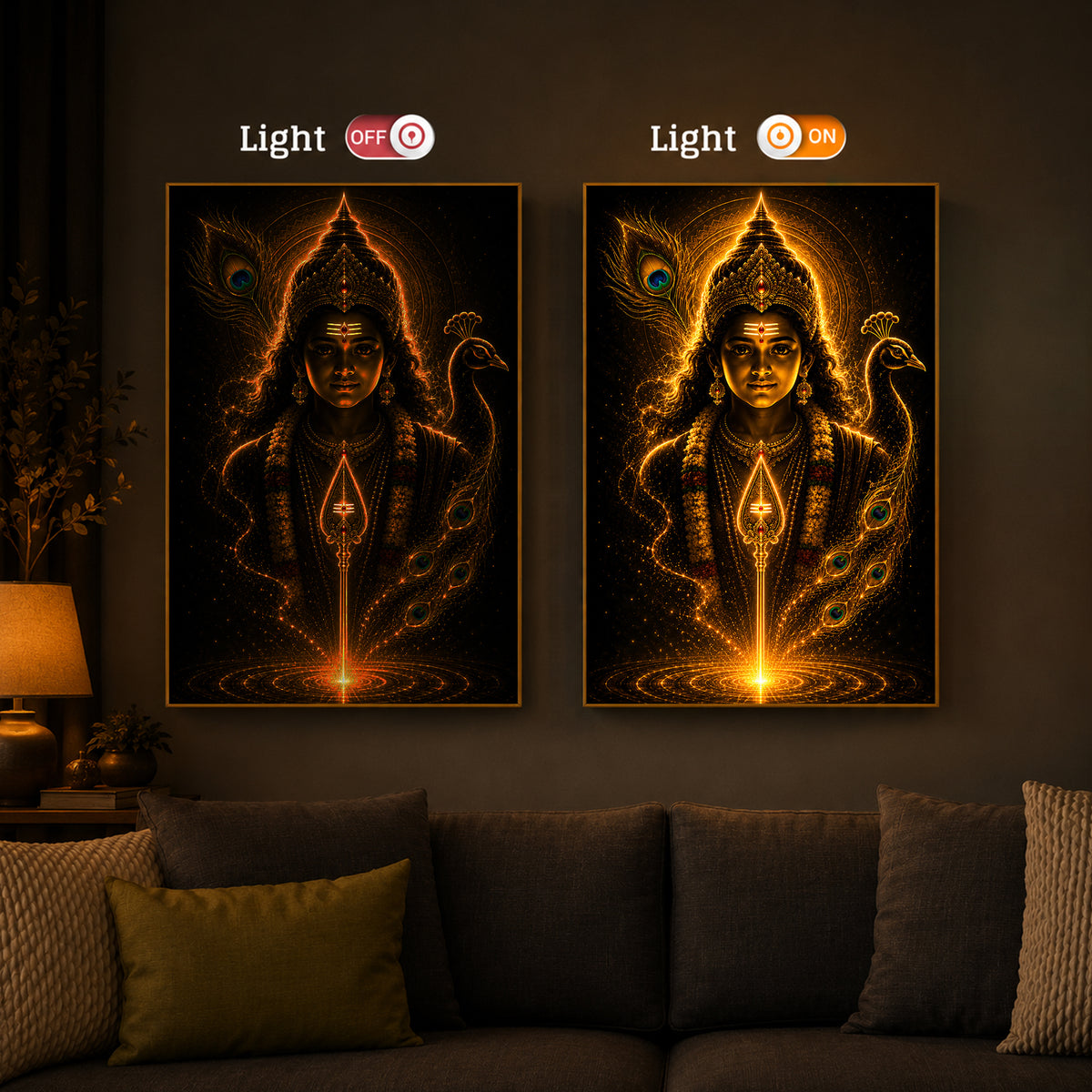 Divine Murugan With Peacock Modern Luxury Backlight Vertical Wall Art