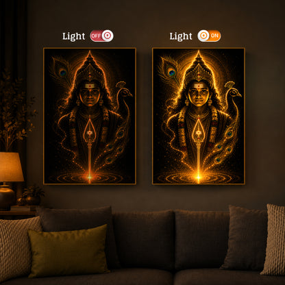 Divine Murugan With Peacock Modern Luxury Backlight Vertical Wall Art