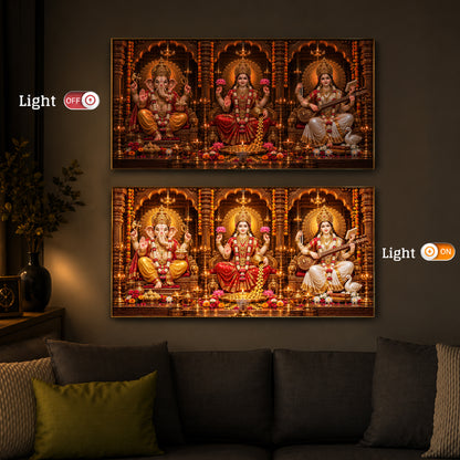 Maa Lakshmi, Lord Ganesha & Goddess Saraswati Modern Luxury Backlight Horizontal Wall Art