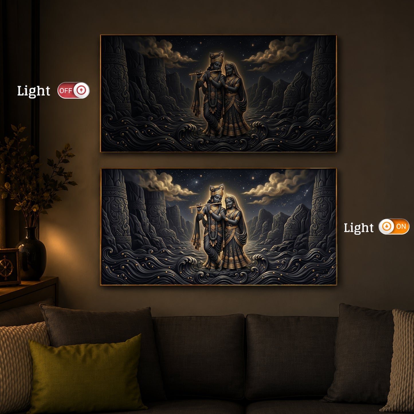 Depiction Of Radha Krishna Modern Luxury Backlight Horizontal Wall Art
