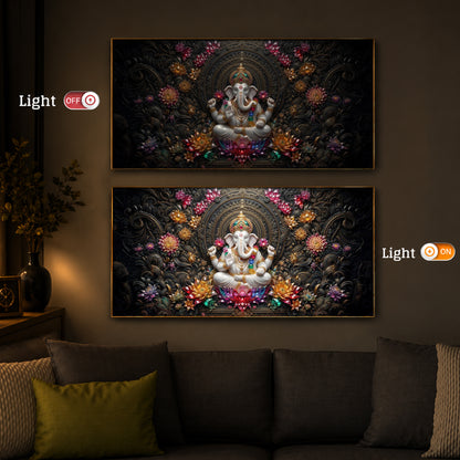 Lord Ganesha Blooming Lotuses Modern Luxury Backlight Horizontal Wall Art