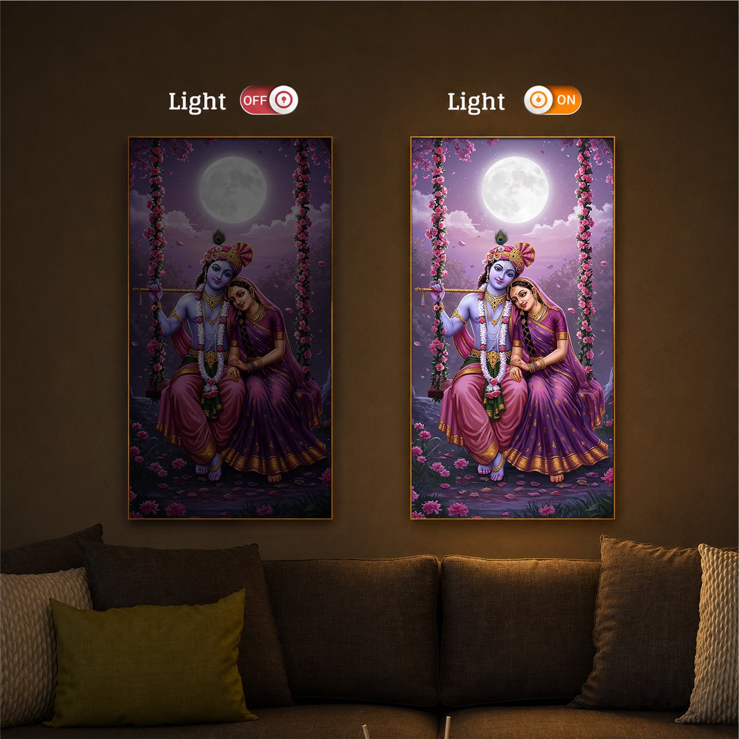 Loving Radha Krishna Modern Luxury Backlight Vertical Wall Art
