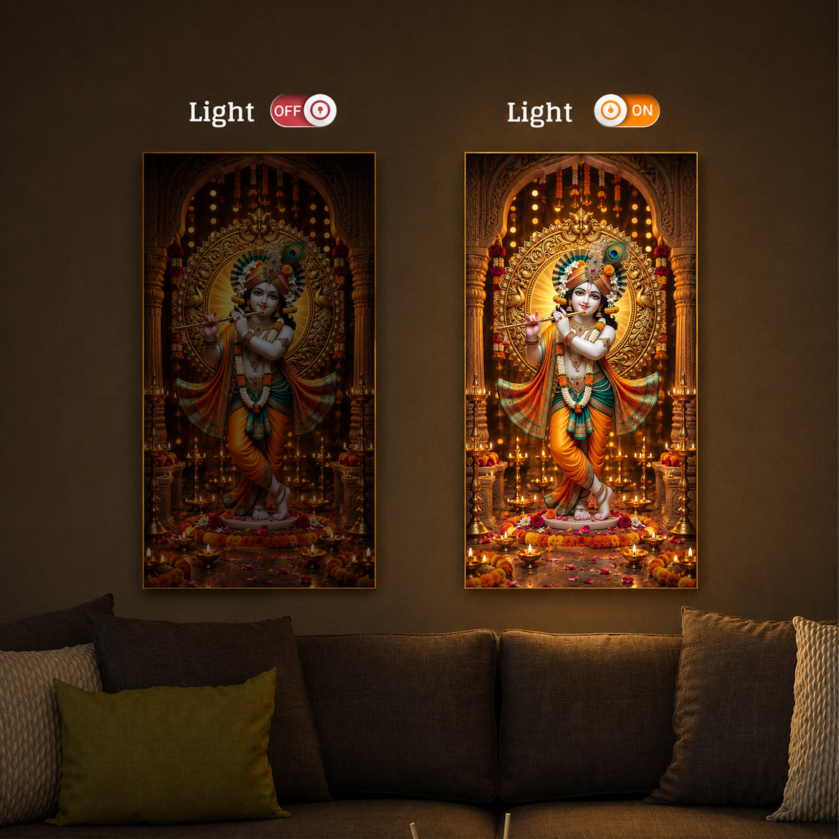 Lord Krishna Playing Flute In Standing Pose Modern Luxury Backlight Vertical Wall Art