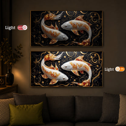 Two Golden Koi Fish Modern Luxury Backlight Horizontal Wall Art