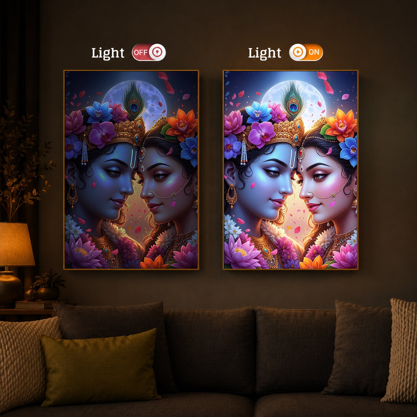 Loving Shri Radha Krishna Modern Luxury Backlight Vertical Wall Art