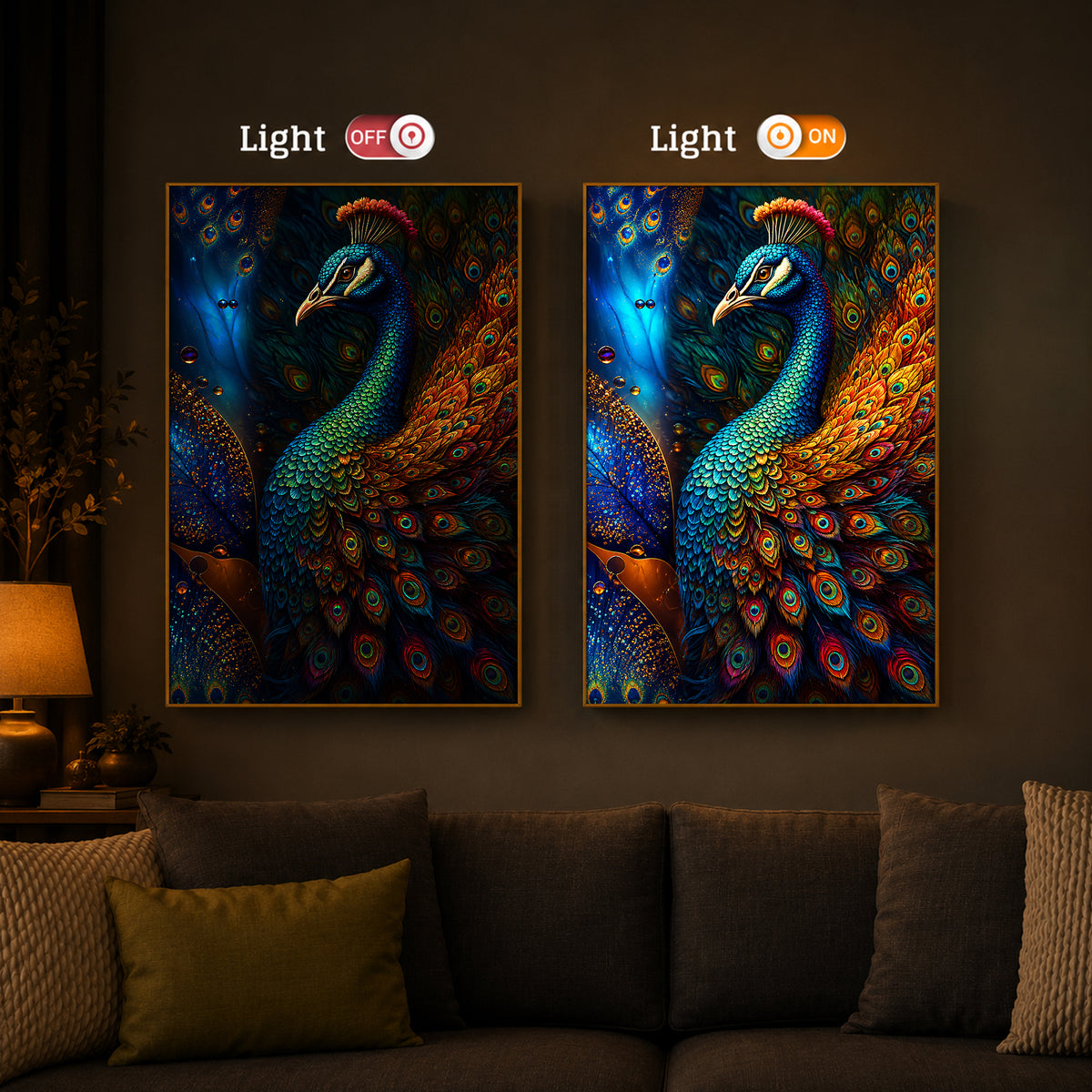 Majestic Regal Peacock Feathers Modern Luxury Backlight Vertical Wall Art