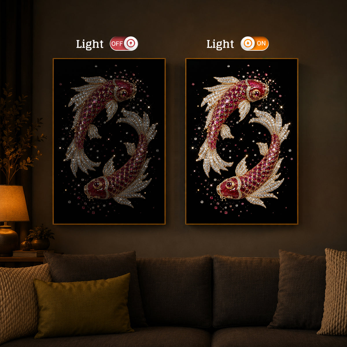 Koi Fish In Ruby Diamond Modern Luxury Backlight Vertical Wall Art