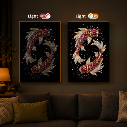 Koi Fish In Ruby Diamond Modern Luxury Backlight Vertical Wall Art