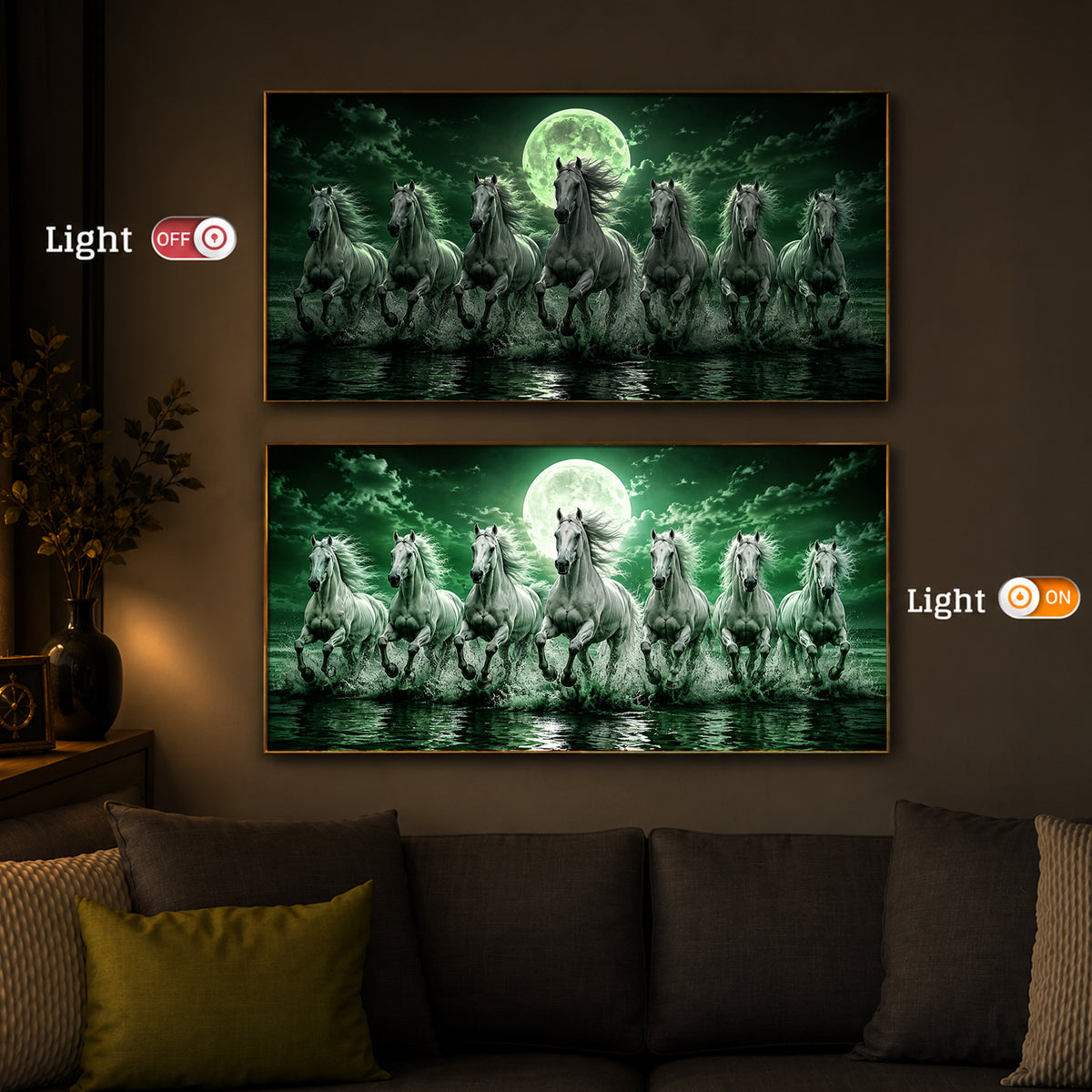 7 Running Horses With Green Backdrop Modern Luxury Backlight Horizontal Wall Art