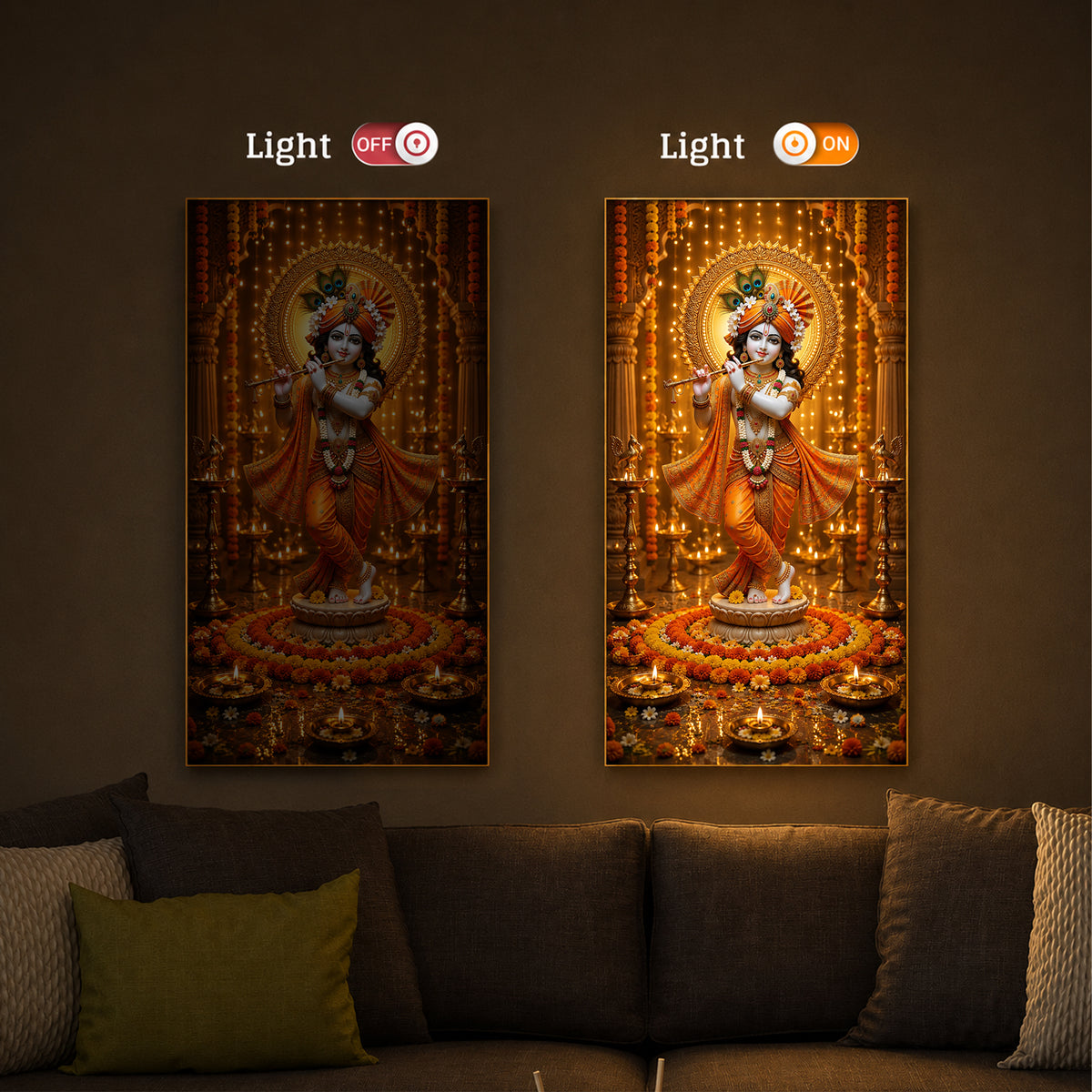 Beautiful Divine Krishna With Flute Modern Luxury Backlight Vertical Wall Art