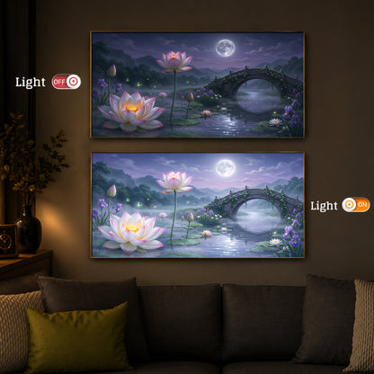 Moonlit Lotus Bridge Modern Luxury Backlight Horizontal Wall Art