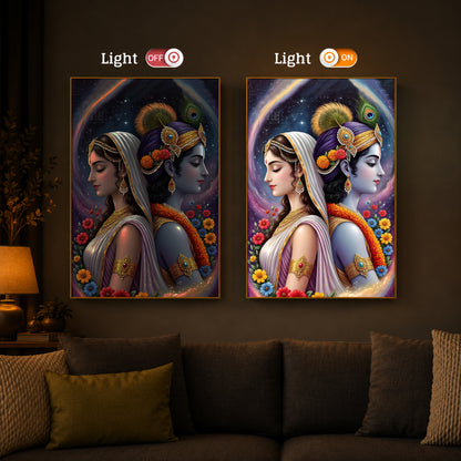 Lord Sri Radhe Krishna Modern Luxury Backlight Vertical Wall Art