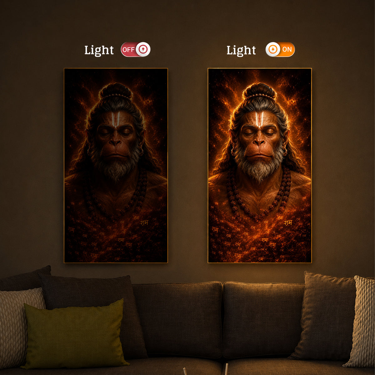 Divine Bajrangbali Meditating Modern Luxury Backlight Vertical Wall Art