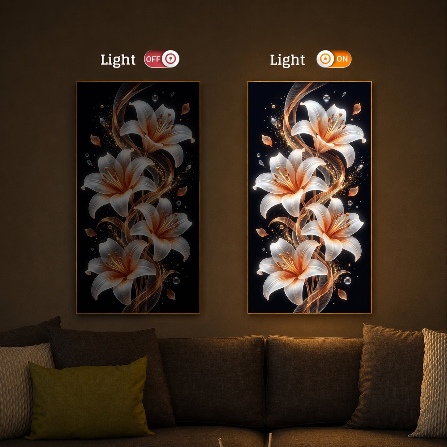 Glowing Golden Lily Modern Luxury Backlight Vertical Wall Art