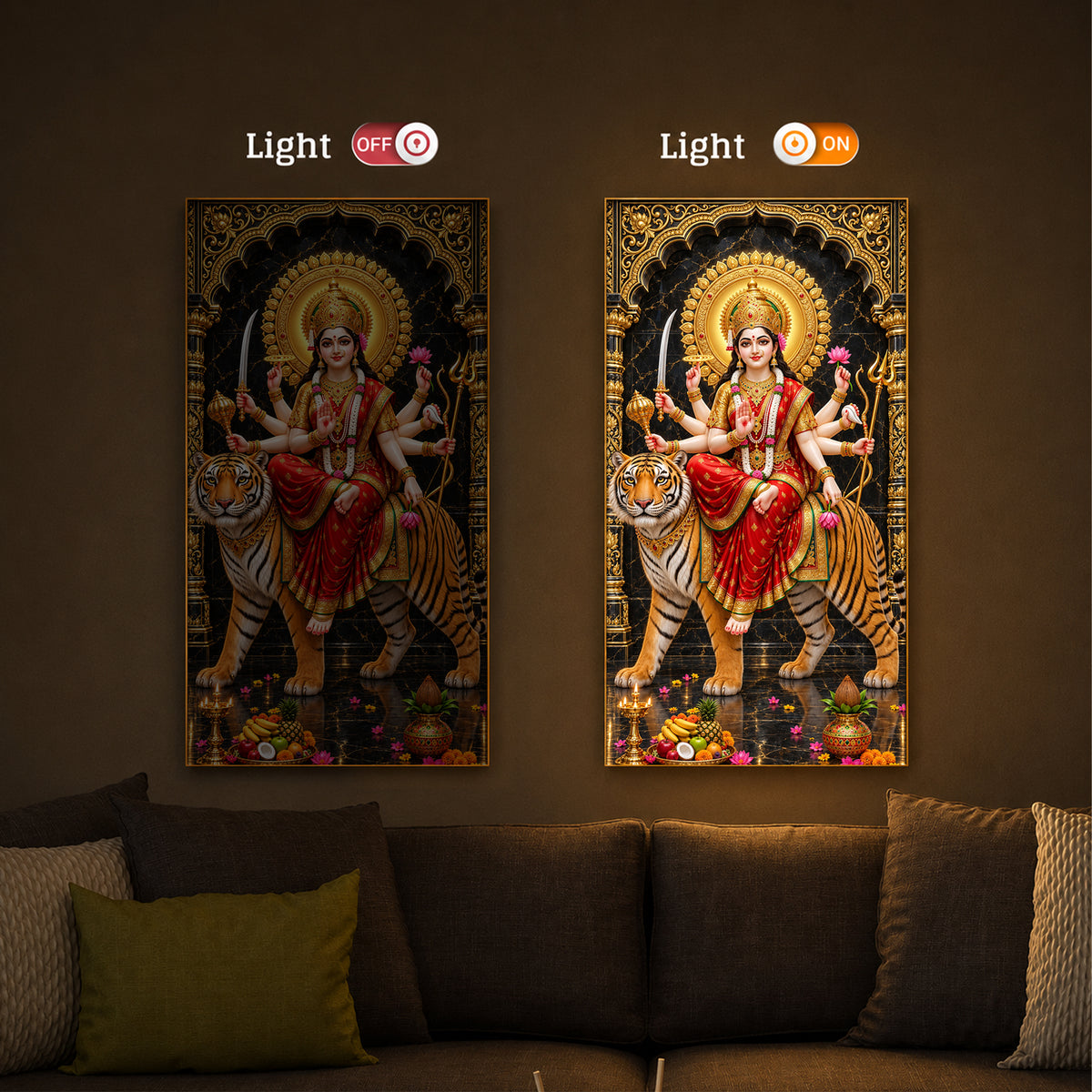 Goddess Ashtabhuja Durga Modern Luxury Backlight Vertical Wall Art