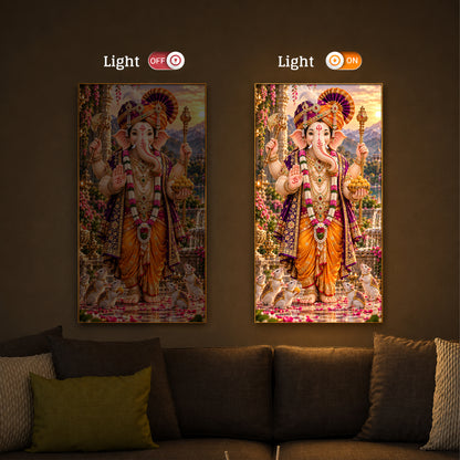Lord Ganesha with Mushak Modern Luxury Backlight Vertical Wall Art