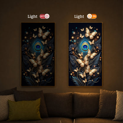 Golden Butterflies & Peacock Feather Modern Luxury Backlight Vertical Wall Art