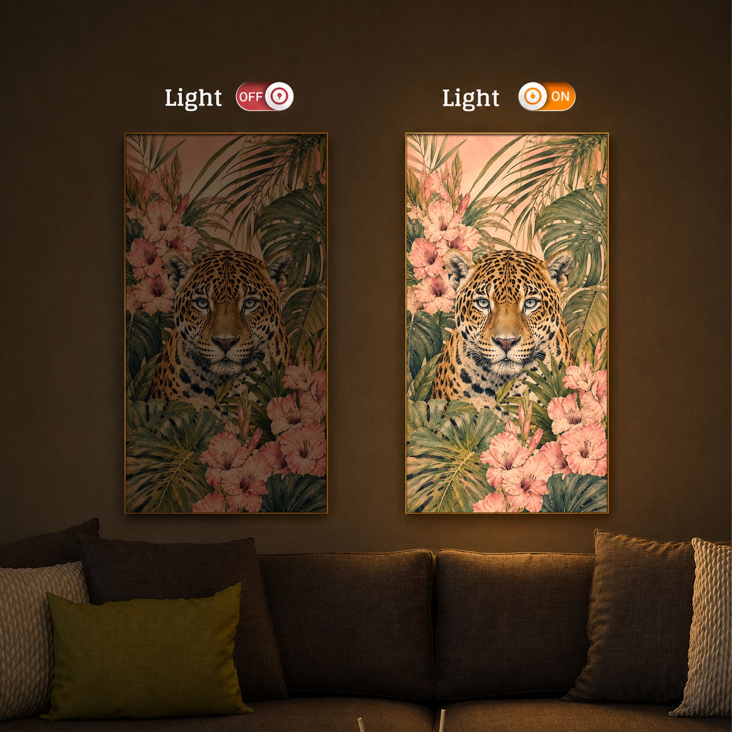 Tropical Jaguar & Flora Modern Luxury Backlight Vertical Wall Art
